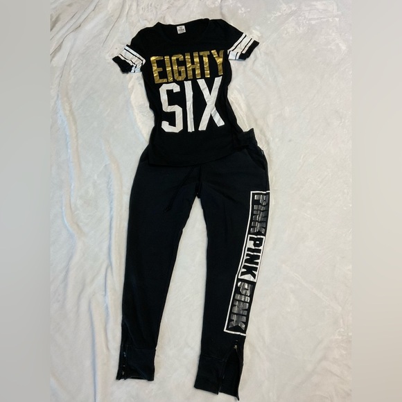 Vintage PINK Victoria Secret Black and Gold 'Eighty Six' Top and Pants S… - Picture 1 of 13